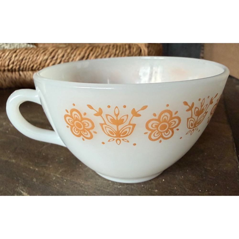 Vintage Termo-Rey Milk Glass Coffee Cup Orange Floral Pattern Brazil 1302